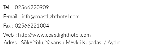 Coast Light Hotel telefon numaralar, faks, e-mail, posta adresi ve iletiim bilgileri